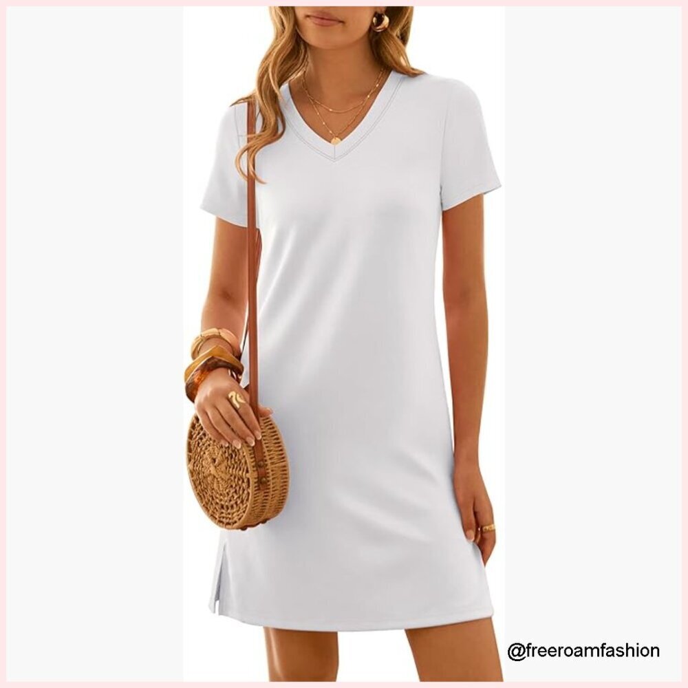 V-Neck Short Sleeve Casual Sundress, A-Line Above Knee Dress, Lightweight Rayon